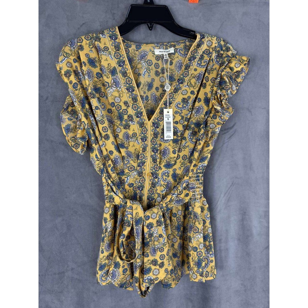 Max Studio Romper Floral‎ Paisley Yellow S NEW Ruffle Sleeve Smocked Waist Boho
